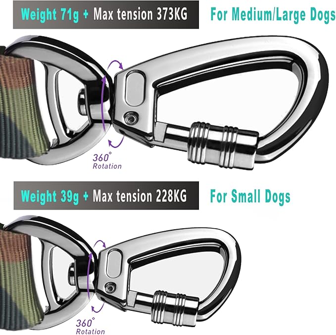 Hotsky Tactical Dog Leash Heavy Duty,4-6Ft Strong Bungee Shock Absorbing Lead with Padded Double Handle,Car Seatbelt,Metal Carabiner Clip,No Pull Leash for Small Dogs,Pink Camo