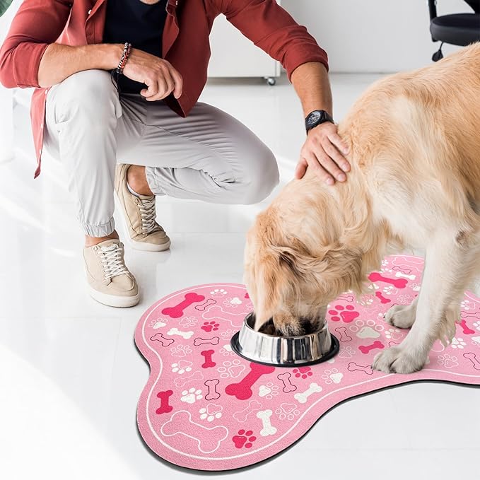 Dog & Cat Food Mat Bone Shaped Pet Feeding Mat Quick Absorb Water Bowl Placemat with Rubber Backing Indoor Floor Stain Resistant Pet Accessory Supplies (Light Pink, 16x24 Inches)