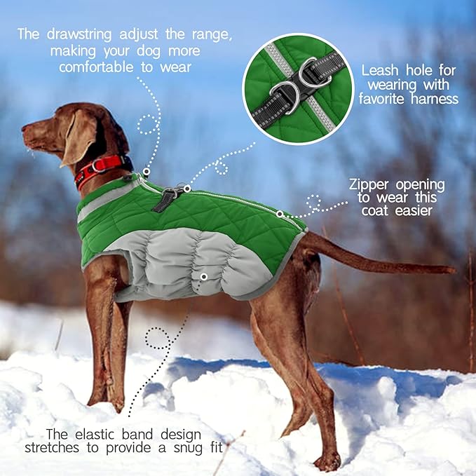 FUAMEY Dog Coat for Small Dogs,Waterproof Dog Winter Jacket with Harness Built in Puppy Cold Weather Coats Reflective Pet Vest with Zipper Warm Fleece Dogs Snowsuit Windproof Green S