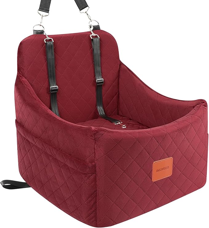 Dog Booster Car Seat for Dogs up to 35lbs, Safety Pet Car Seats with Anti-Slip Bottom, Travel Booster Dog Bed with 2 Storage Pockets (Wine Red, Medium)