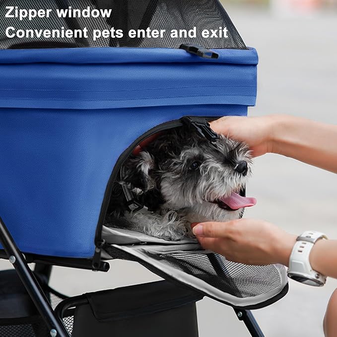 Pet Stroller Pram Dog Carrier Trailer 4 Wheels Foldable Dog with Storage Basket,Holds up to 44 lbs,Adjustable Handle,Folding Travel Stroller Suitable for Traveling with Cats and Dogs (Blue)