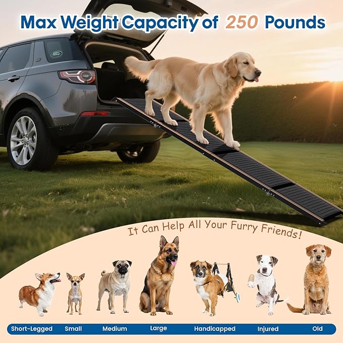 HBTower 67" Long & 17.3" Wide Folding Dog Ramp for Car, SUV & Truck – Portable Pet Ramp with Non-Slip Surface, Extra Wide Steps for Large Dogs Up to 250LBS