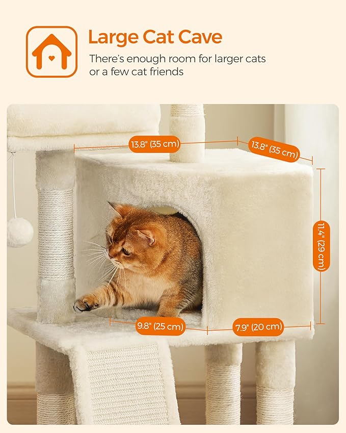 Feandrea Cat Tower, 45.3-Inch Cat Condo with Scratching Post, Ramp, Perch, Spacious Cat Cave, for Kittens, Elderly Cats, Adult Cats, Small Space, Beige UPCT141M01
