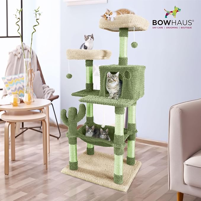 CAPHAUS Cactus Cat Tree for Indoor Cats, Cute 58-Inch Cat Climbing Play Tower with Top Perch for Large Cats Kittens, Multi-Level Cat Activity Tree with Scratching Posts, Hammock, Cat Cave Condo