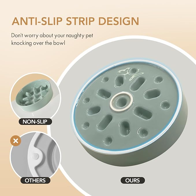 Ceramic 0.9 Cup Dog Bowl Slow Feeder, 6.1inch Slow Pet Food Dish for Small Dog and Cat, Stop Bloat, Preventing Choking(Single Bowl, Light Green)