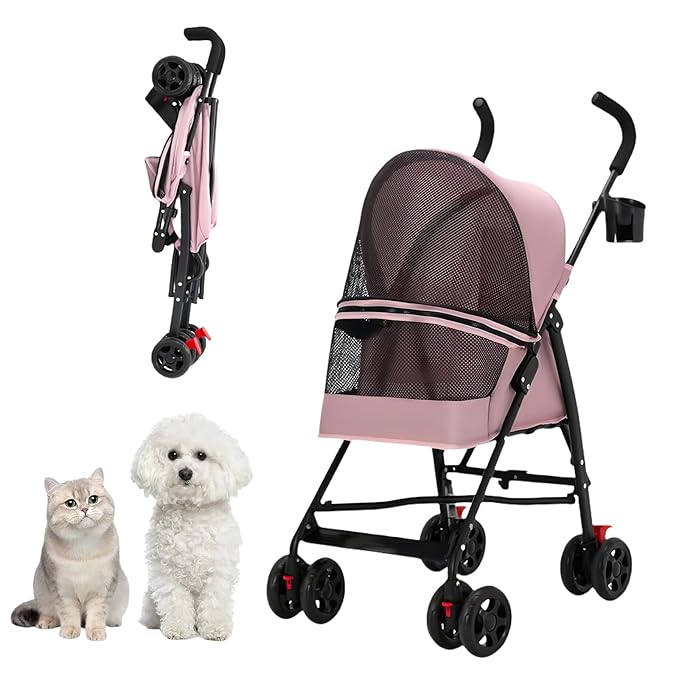 Pet Stroller for Small Dogs and Cats,CYUmail 4 Wheels Foldable Dog Stroller,Puppy Carrier for Small Dogs 0-15 lbs w/Cup Holder,Breathable Visible Mesh,Pink
