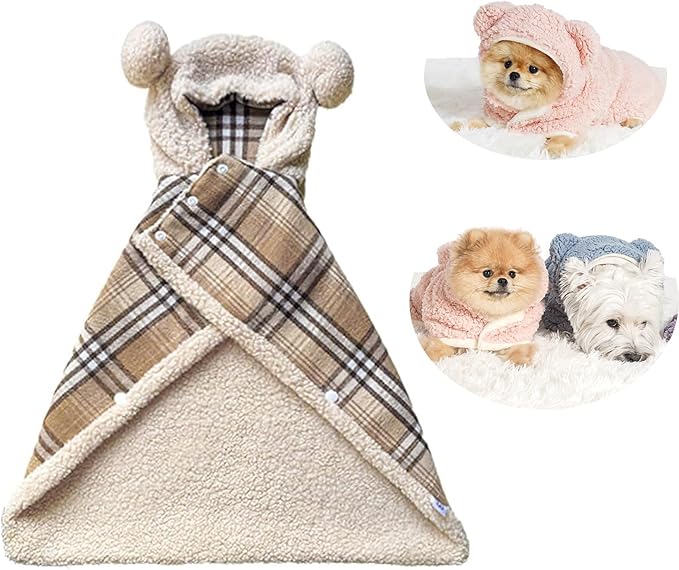 Pet Cape Blanket,Wearable Dog Robe, Non-Slip Backing, Hooded Cape Blanket for Dogs and Cats (Khaki, Medium)