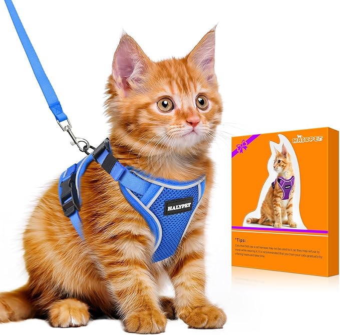 Halypet Cat Harness and Leash Set [MAX Safety 4th-Gen Upgrade] Escape Proof Adjustable Cat Leash Comfortable Soft Vest Easy to Wear Kitten Harness with Reflective Strip for Cats Walking, S Blue