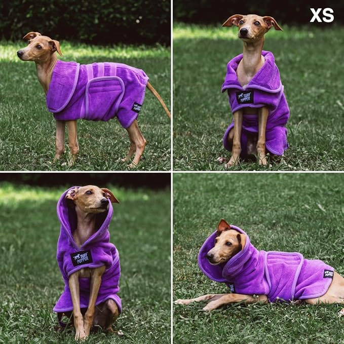 Tuff Pupper Fast Drying Dog Bath Robe | 800 GSM Plush Dog Towel Bathrobe/Dressing Gown | Super Absorbent Pet/Puppy Bathrobe | Adjustable Hood & Belly Strap | Super Soft | Fast Drying (XS, Purple)