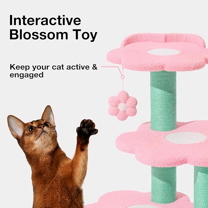 VETRESKA 39.8" Cat Tree Multi-Level Cat Tower with Platform, Sisal Scratching Posts with Hanging Blossom Toy, Indoor Cats Furniture Activity Center for Large Cats Kittens, Pink Flora