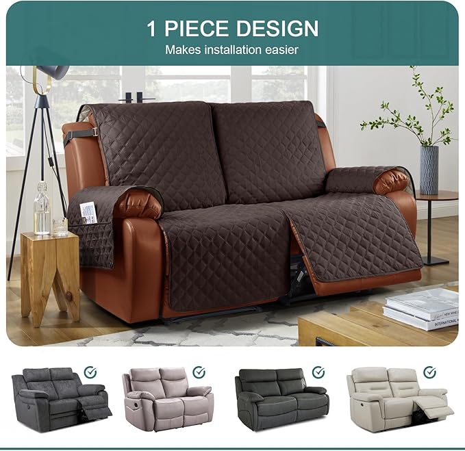 Ruaozz Waterproof Recliner Sofa Cover 1-Piece Couch Covers for Reclining Couches Reclining Sofa Cover Washable Furniture Protector with Elastic Straps Pocket for Kids, Pets (Chocolate, XL 2 Seater)