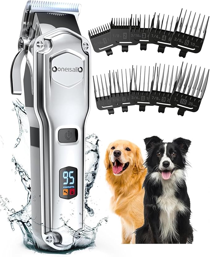oneisall Dog Clippers for Grooming for Thick Heavy Coats/Low Noise Rechargeable Cordless Pet Shaver with Stainless Steel Blade/Waterproof Dog Shaver for Dogs Pets and Animals (Sliver)