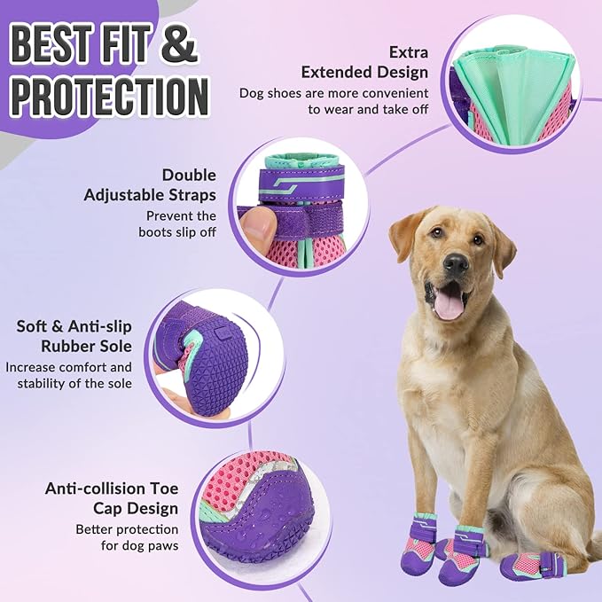 SlowTon Dog Shoes for Large Small Medium Dogs - Breathable Dog Boots for Summer Hot Pavement, Paw Protector for Outdoor Walking Winter Snow, Anti-Slip Rubber Dog Booties for HardFloor (Pink, 4)
