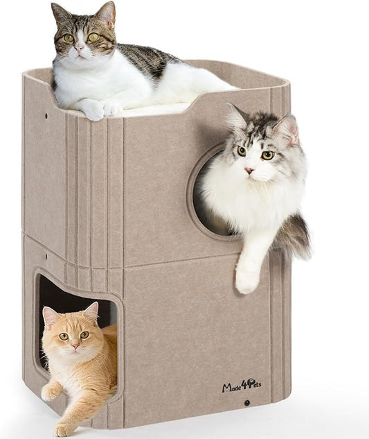 Made4Pets Cat House for Indoor Use, 2-Storey Cube Bed Cave, Covered Hideaway Condo with Scratch-Resistant Felt, Foldable Easy-to-Clean Design for Multi-Cat Homes, Beige