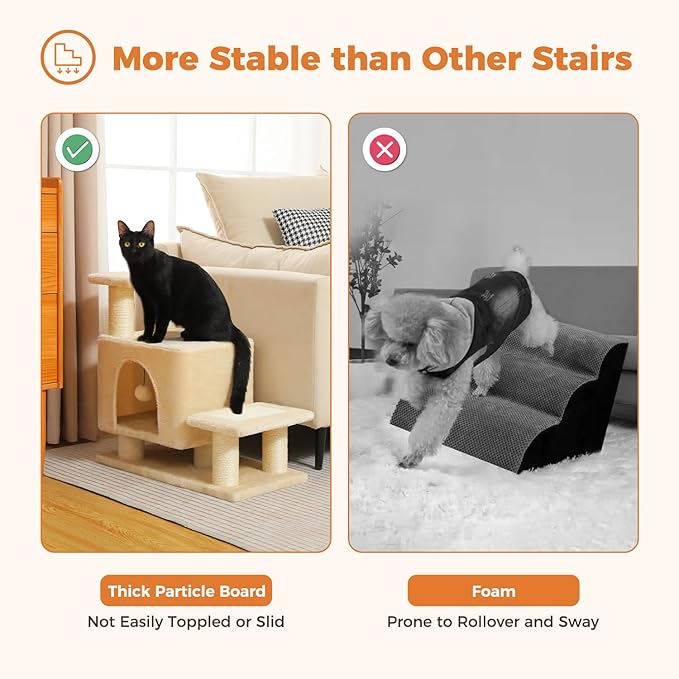 3-in-1 Dog Stairs & Cat Scratching Post with Condo, Pet Steps for High Beds, Sofa, Couch, Tall Cat Tower, High-Strength Boards for Indoor Small Cats Kittens Dogs Climbing Playing, 3 Steps-Beige