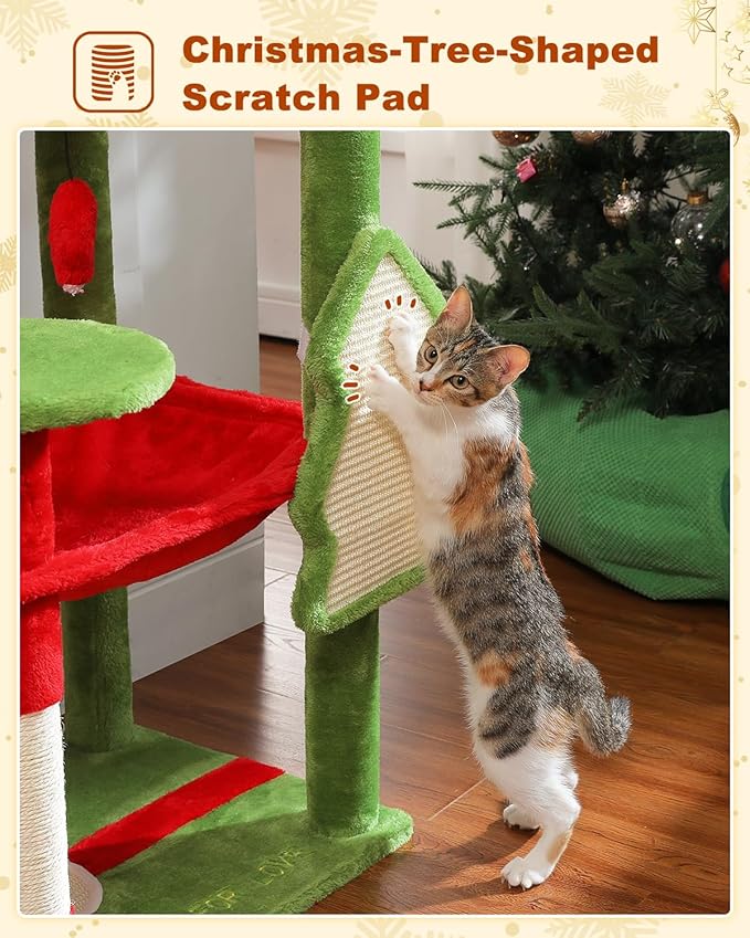 Cat Christmas Tree for Indoor Cats – 56.3“ Cat Proof Christmas Tree Tower with Large Hammock, 3 Scratching Posts & 3 Christmas Toy Balls – Holiday Cat Tree with Festive Decor, Christmas Red