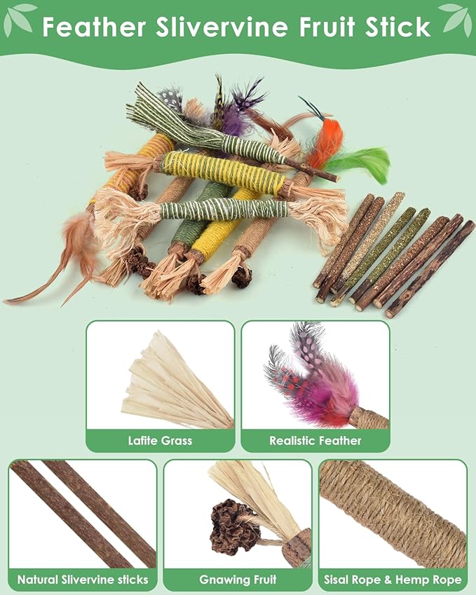 Bissap 20 PCS Silvervine Chew Sticks for Cats, Catnip Chew Ropes Cat Toys for Indoor Cat Kitten Teeth Grinding Interactive Feather Toys for Aggressive Chewers Dental Care