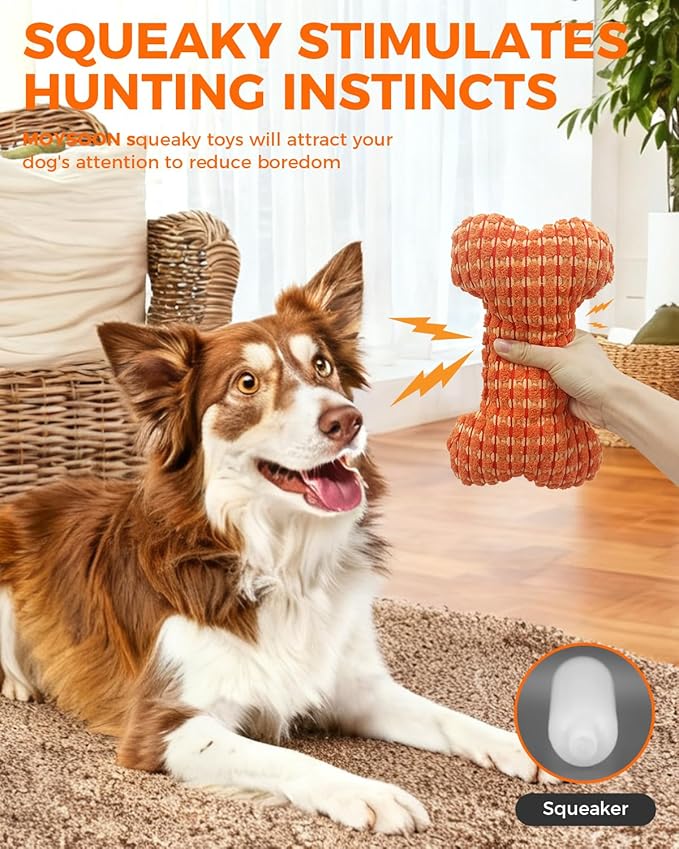 Squeaky Dog Toys for Medium Dogs, Interactive Dog Plush Toy for Aggressive Chewers, Tough Chew Gifts for Puppy Teething to Keep Them Busy and Relieve Boredom (Orange Bone)