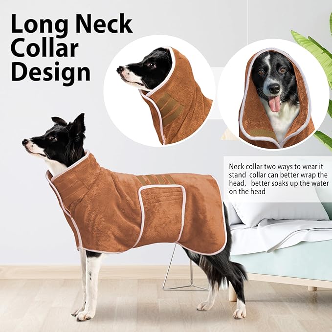 Dog Bathrobe Towel Dog Drying Coat - Super Absorbent Towels Bath Robe for Dogs Large, Soft Adjustable Collar & Belly Strap Fast Drying Coat Pet Cat Bath Robe (Brown, X-Large)
