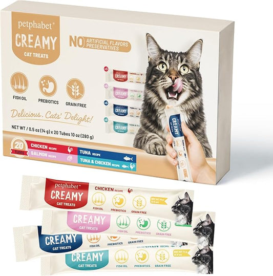 PETPHABET Lickable Cat Treats, Creamy Puree Wet Kitten Treats 4 Flavors Variety Pack, Squeezable Paste Cat Snacks, Grain-Free Kitty Treat, High Protein Squeeze Up Tubes for Cats (0.5 oz x 20 Counts)