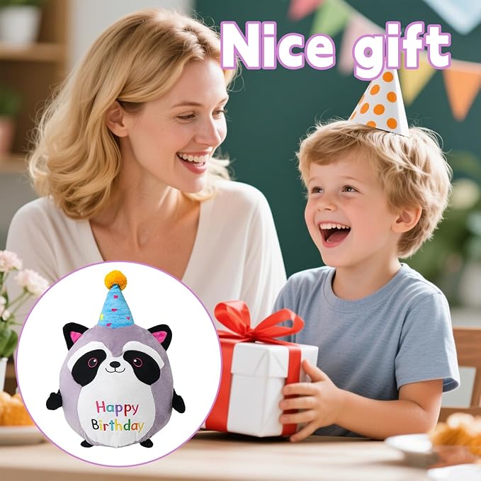 Raccoon Plush Toy 10 Inch Cute Birthday Stuffed Animal Soft Raccoon Plushies Pillow Wear Unicorn Birthday Hat Kawaii Cartoon Doll Gifts for Kid Toddlers Home Room Decoration