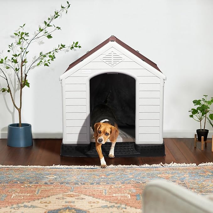 LEMBERI Durable Waterproof Plastic Dog House for Small to Large Sized Dogs, Indoor Outdoor Doghouse Insulated Puppy Shelter with Elevated Floor, Easy to Assemble (Brown with Liner, 42''L*38''W*39''H)