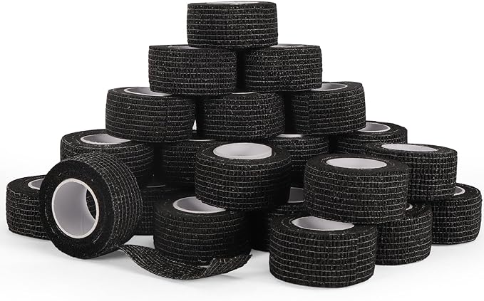 24 Rolls Elastic Self Adhesive Bandage Wrap 1 Inch, Breathable Non Woven Cohesive Bandage, Vet Wrap for Dogs, Ankle Sprains Swelling Medical First Aid Tape, Sports Athletic Tape Black