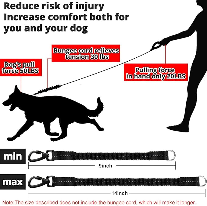 Rope Dog Leash 3 FT: Heavy Duty Leashes with Swivel Lockable Hook Reflective Threads Bungee and Padded Handle - Dog Lead for Large Small Medium Dogs Outside Walking Hiking Black