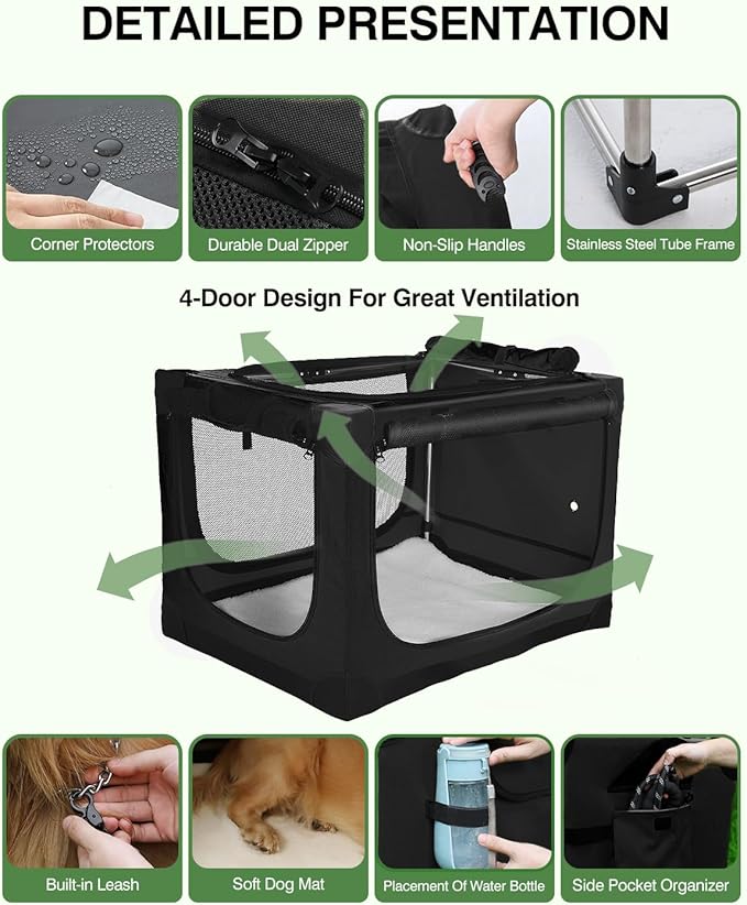 33 Inch Collapsible Travel Dog Crate for Medium Large Dogs, Portable Dog Crate 4-Door Foldable Soft Kennel with Durable Mesh Windows for Indoor & Outdoor Travel, with Storage Bag,Black