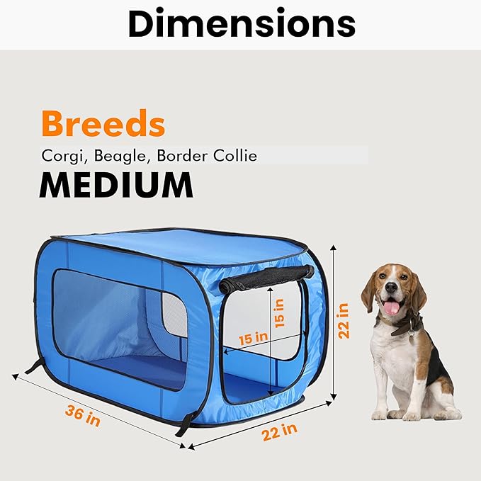 Beatrice Home Fashions Portable, Collapsible, Pop Up Kennel Travel Cat and Dog Crate, 36" L x 22" W x 22" H, Blue