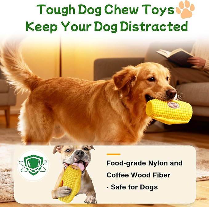Interactive Dog Toys for Aggressive Chewers, Dog Toy to Keep Them Busy, Corn-Shaped Durable Dog Chew Toys for Large & Medium Breeds, Frozen Treat Holder for Anxiety Relief & Dental Care