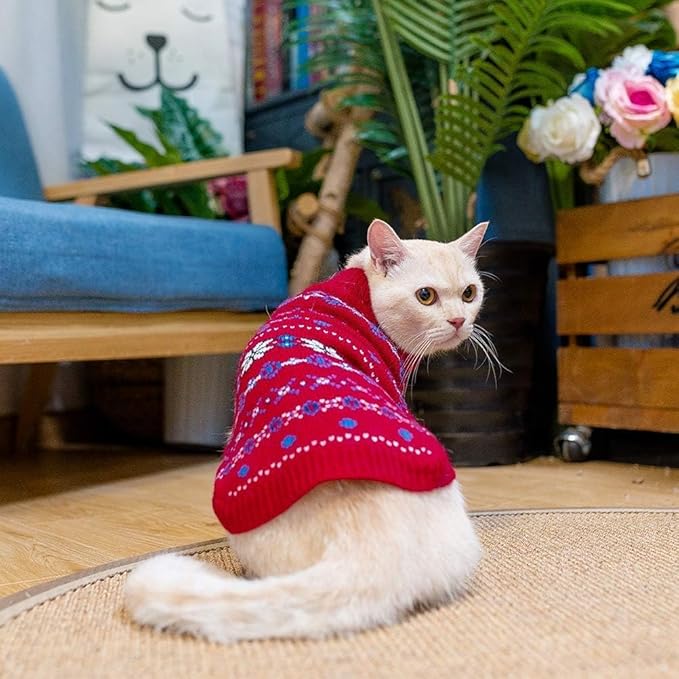 BINGPET Cat Clothes Turtleneck Knitted Sleeveless Sweater, Cute Kitten Puppy Apparel with Snow Pattern, Sphynx Cat Clothes for Cold Weather (Red, Small)