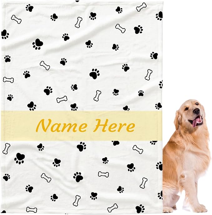 Custom Pet Name Personalized Dog Blanket, Puppy Gift - Soft Flannel Throw for Bed, Sofa, Travel - Extra Large 120"x90" with Cute Dog Paw Prints