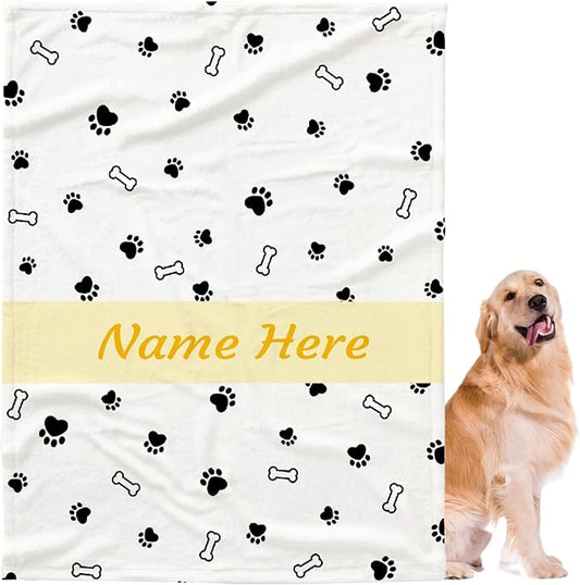 Custom Pet Name Personalized Dog Blanket, Puppy Gift - Soft Flannel Throw for Bed, Sofa, Travel - Extra Large 120"x90" with Cute Dog Paw Prints
