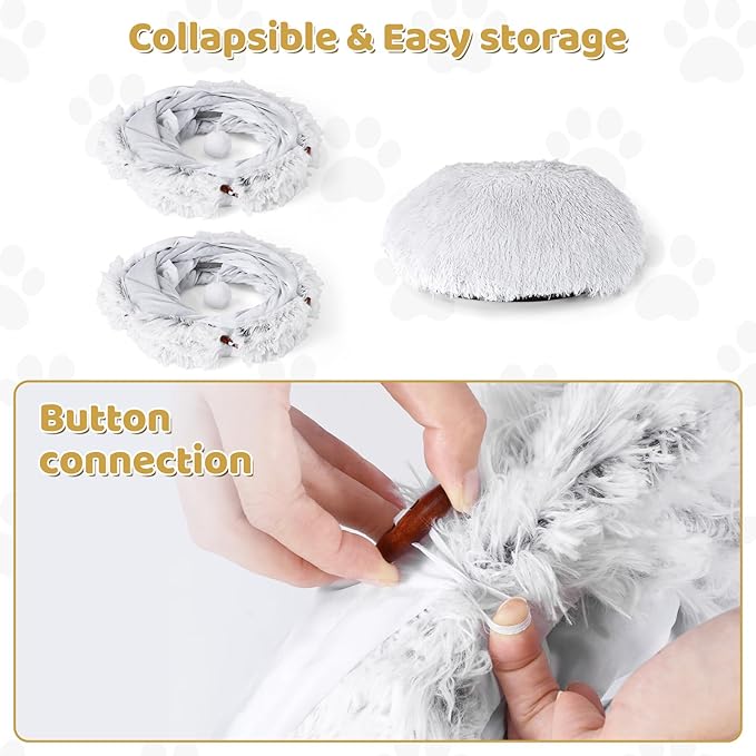 Odoland Cat Tunnel Bed with 20 Cat Toys - Indoor Plush Kitten Couch,Detachable Cats Cave Donut Tunnel & Soft Kitten Toy Set-Cozy Cat Furniture Grey