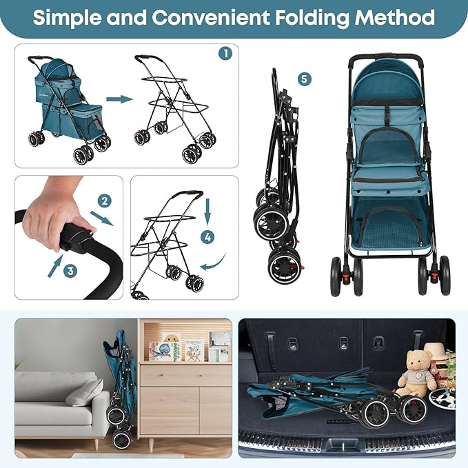 Double Pet Stroller for Dogs and Cats,Cat Strollers for 2 Cats,Double Dog Stroller for 2 Small Medium Dogs,4 Lockable Wheels/Lightweight/Folding,Green