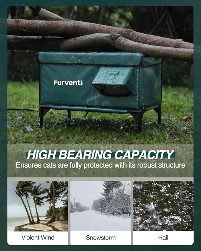 Heated Cat House for Outside,Dual Camera Mounts,100% Weatherproof & Extremely Insulated,Elevated Feral Cat Shelter with Escape Door,Waterproof Eaves for Outdoor Stray Barn Cat(Dark Green,S)