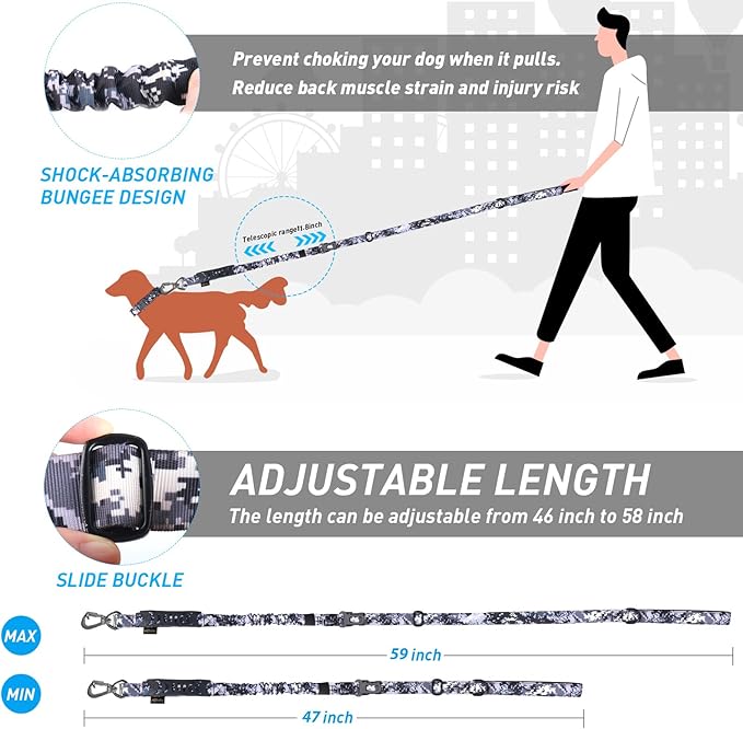 Hotsky Tactical Dog Leash Heavy Duty for Medium Large Dogs That Pull,4-6Ft Strong Bungee Shock Absorbing No Pull Dog Leash with Padded Double Handle and Car Seatbelt,ACU