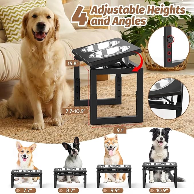 Elevated Dog Bowls Black, 4 Height & Angle Adjustable Raised Dog Bowl Stand, Elevated Dogs Bowl Station for Medium Sized, Sturdy Bamboo Dogs Feeding Station with 2 Stainless Steel Dishes (48oz/6cup)