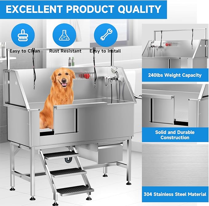 Dog Washing Station 46" Dog Grooming Tub with Left Stair& Faucet, Stainless Steel Dog Bathing Station for Home,Dog Bathtub for Large,Medium,Small Pets