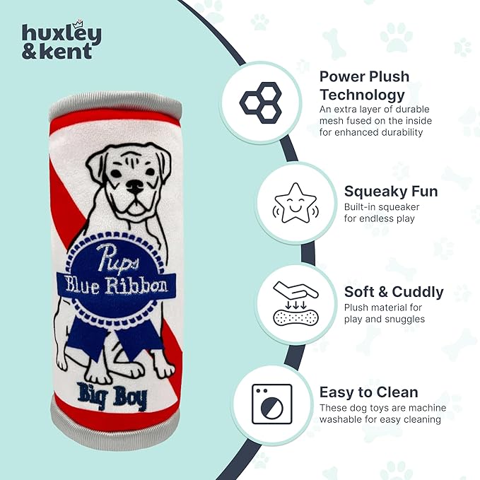 Huxley & Kent Funny Dog Toy w/Squeaker – Power Plush Squeaky Dog Toys for Small, Medium & Large Dogs – Soft Stuffed Animal for Indoor Play & Fetch - Pups Blue Ribbon, Large