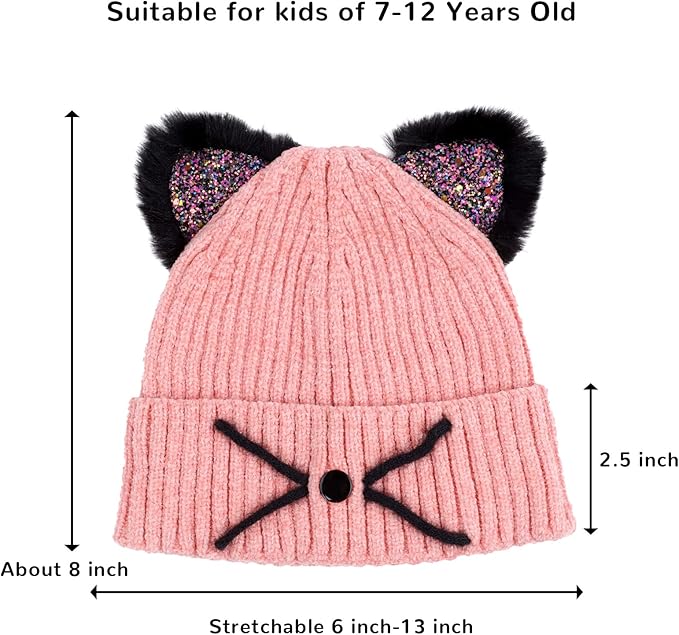 Kids Girls Cat Ear Hat Winter Warm Knit Beanie Cute Ski Skull Cap for Ages 7-12