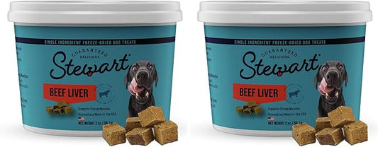 Stewart Beef Liver Dog Treats, 2 oz, ~45 Pieces, Freeze Dried Raw, Single Ingredient, 50% Protein Training Treats or Meal Topper in a Resealable Tub, Grain Free, Gluten Free (Pack of 2)