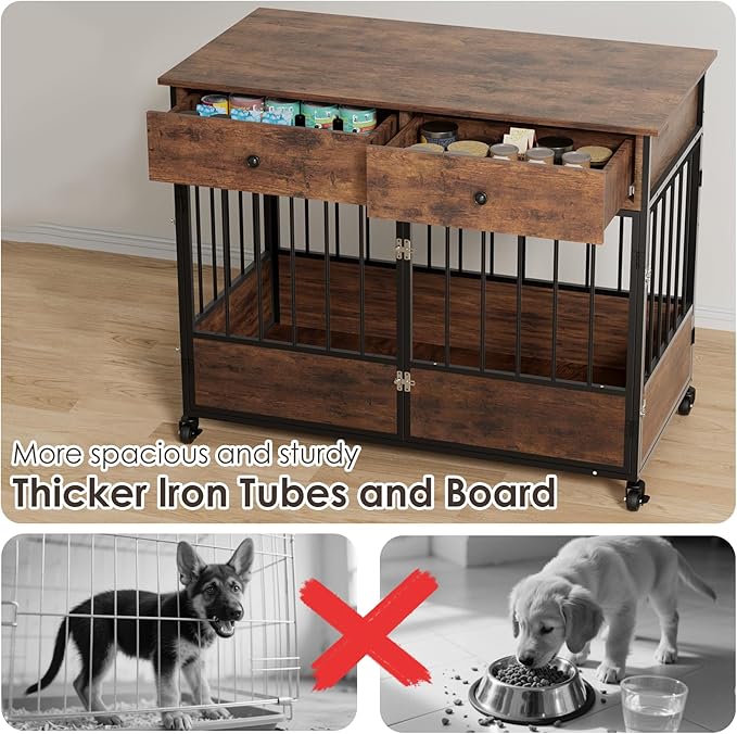 44.5" Dog Crate Furniture, Wooden Dog Kennel with Storage Drawers, Large Dog Cage with Wheels, Heavy Duty Wooden Dog Crate End Table with Steel Tubes for Big Breed