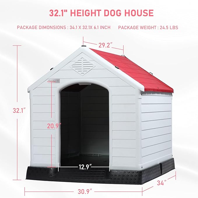 LEMBERI Durable Waterproof Plastic Dog House for Small to Large Sized Dogs, Indoor Outdoor Doghouse Puppy Shelter with Elevated Floor, Easy to Assemble (Red, 34''L*31''W*32''H)