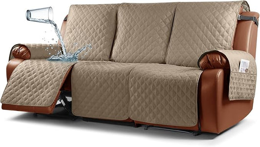 Ruaozz Waterproof Recliner Couch Covers 1-Piece Sofa Covers Washable Recliner Covers Non-Slip Furniture Protector with Elastic Straps Pocket for Kids, Pets (Khaki, 3 Seater)