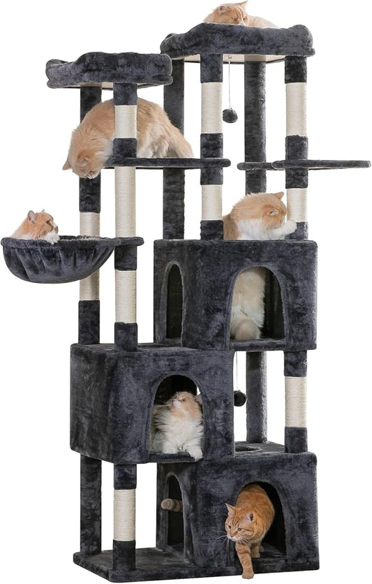 MWPO Extra Large Cat Tree - 70.1-Inch Tall Cat Tower with 3 Cat Condos, Multi-Level Cat Stand for Large Cats Featuring Scratching Posts, Padded Perches, Hammock, Dangling Toys - Smoky Grey