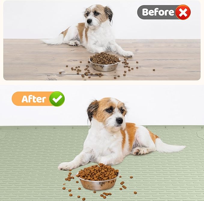 Dog Food Mat, Extra Large 34" x 22" Silicone Pet Feeding Mat with Raised Edge Pet Placemat for Small, Medium, and Large Pets Non-Slip, Easy to Clean (Light Green)