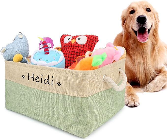 Personalized Dog Toy Box, Dog Toy Basket Storage with Cotton Handle, Customized Name and Paw Heart Print Puppy Toy Bin for Organizing Food Clothes and Pets Accessories(Paw Green)