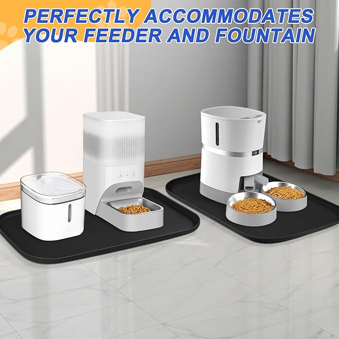 Silicone Pet Feeding Mat with Raised Edge for Food and Water, Dog Bowl Mats, Cat Bowls Placemat with High Lip for Floor Waterproof, Rubber Tray for Cats and Dogs 22 x 14 x0.8 Black